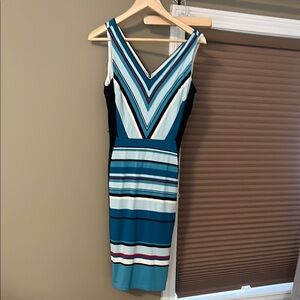 White House Black Market Blue and Black Striped Midi Dress
